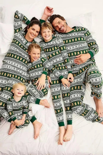 Weihnachten Lose Familie Passende Grün Schneeflocke Lebkuchen Mann Muster Pyjama Set