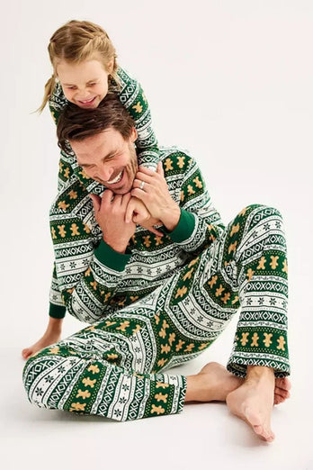 Weihnachten Lose Familie Passende Grün Schneeflocke Lebkuchen Mann Muster Pyjama Set