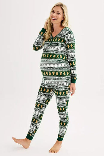 Weihnachten Lose Familie Passende Grün Schneeflocke Lebkuchen Mann Muster Pyjama Set