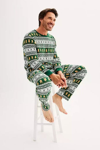 Weihnachten Lose Familie Passende Grün Schneeflocke Lebkuchen Mann Muster Pyjama Set