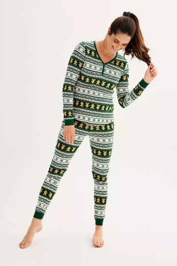 Weihnachten Lose Familie Passende Grün Schneeflocke Lebkuchen Mann Muster Pyjama Set