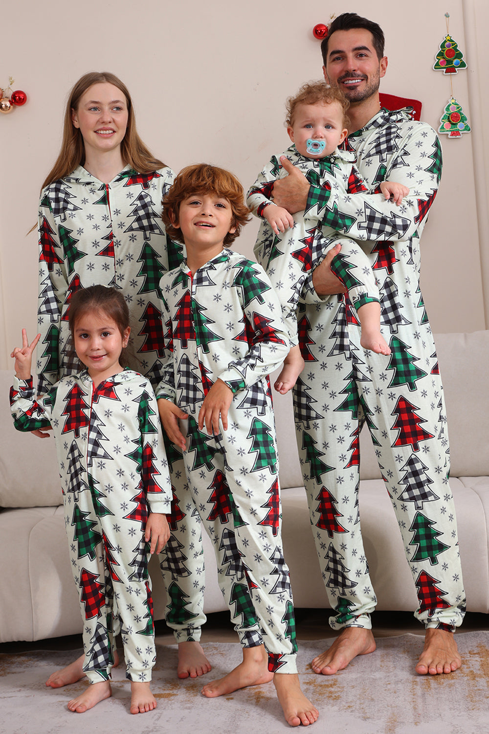 Familie Weihnachten Pyjamas Eltern-Kind Kleidung Niedliche Weihnachtsbaum Kapuze Overall Weihnachten Familie Set