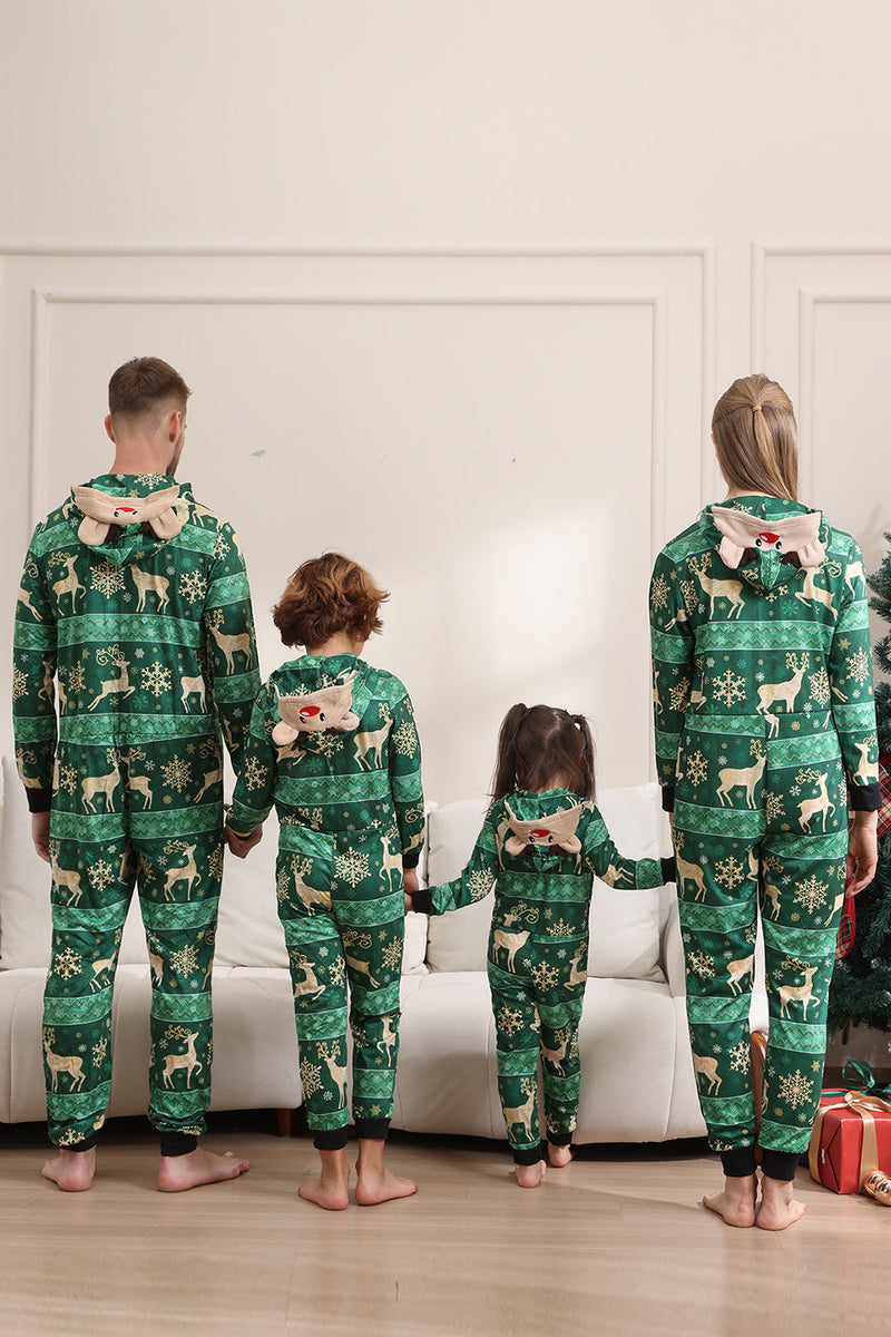 Laden Sie das Bild in den Galerie-Viewer, Dunkelgrünes Pyjama-Set mit Hirsch- und Schneeflockendruck für Männer und Frauen Paare Familie