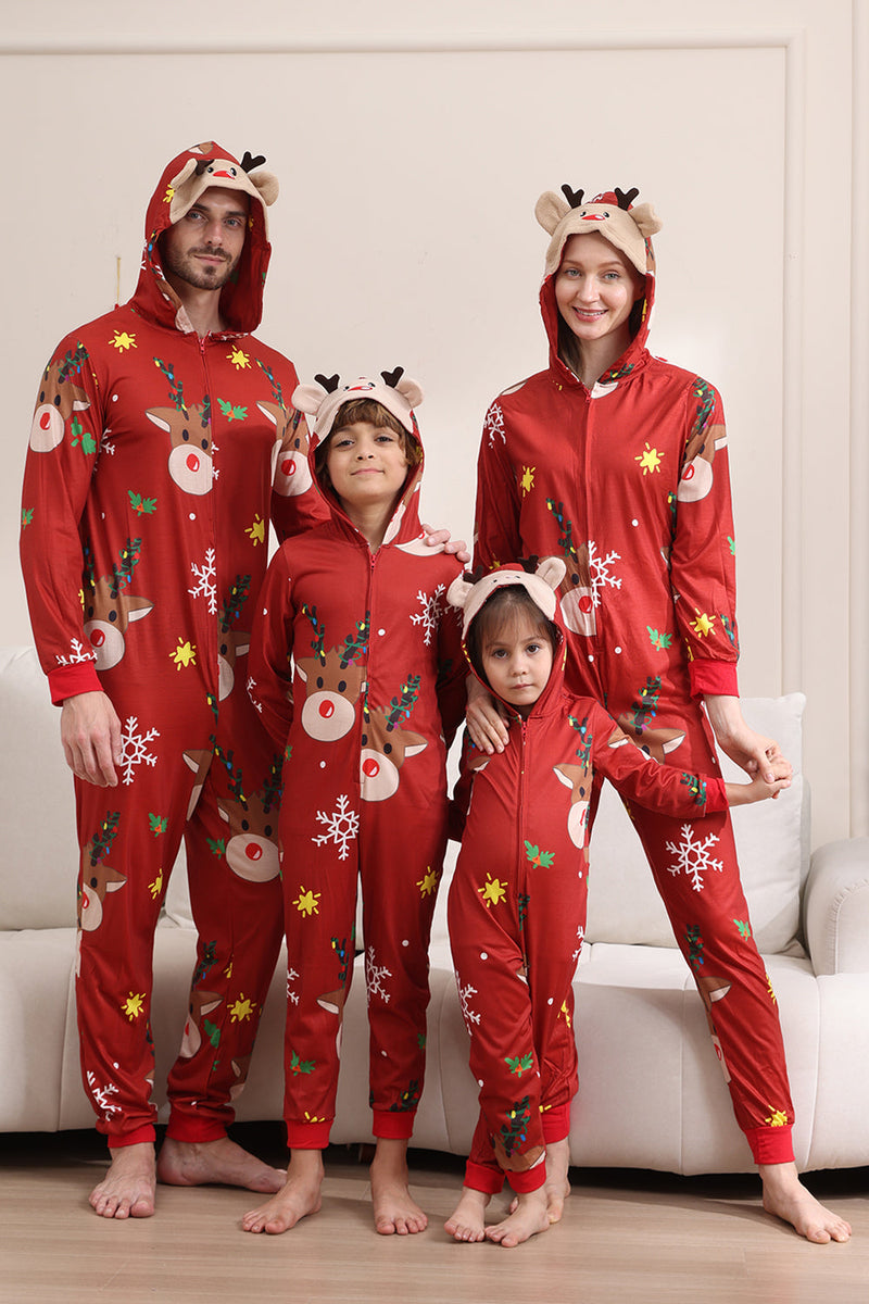 Laden Sie das Bild in den Galerie-Viewer, Passender Onesie für Frauen Männer Familie Kapuzen Roter Pyjama Einteiliges Weihnachtspyjama-Set