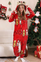 Laden Sie das Bild in den Galerie-Viewer, Roter Langärmeliger Katzen Muster Hoooded Passender Familienpyjama