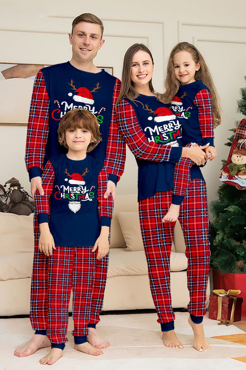 Laden Sie das Bild in den Galerie-Viewer, Rotes Marineblaues Langärmeliges Kariertes Hosen Weihnachtspyjama-Set