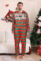 Laden Sie das Bild in den Galerie-Viewer, Grün Rot Einteiliger Karo-Pyjama mit Schneeflocken-Druck Passender Familienpyjama