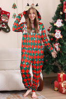 Laden Sie das Bild in den Galerie-Viewer, Grün Rot Einteiliger Karo-Pyjama mit Schneeflocken-Druck Passender Familienpyjama