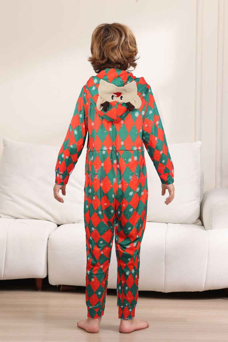 Laden Sie das Bild in den Galerie-Viewer, Grün Rot Einteiliger Karo-Pyjama mit Schneeflocken-Druck Passender Familienpyjama