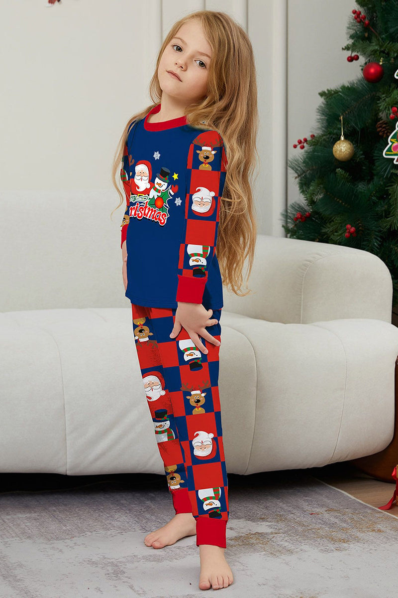 Laden Sie das Bild in den Galerie-Viewer, Dunkelblaues Kariertes Hosen-Set mit bedruckten langärmeligen Weihnachtspyjamas