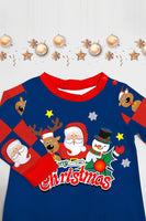 Laden Sie das Bild in den Galerie-Viewer, Dunkelblaues Kariertes Hosen-Set mit bedruckten langärmeligen Weihnachtspyjamas