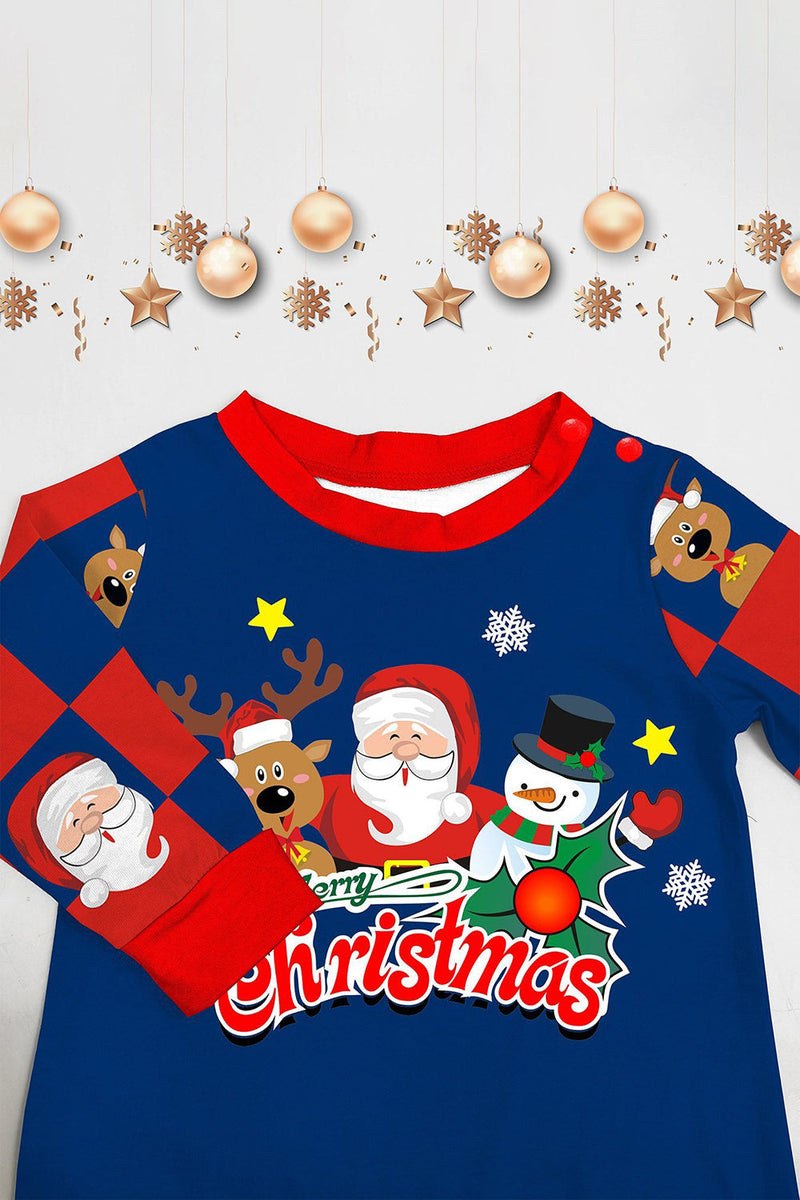 Laden Sie das Bild in den Galerie-Viewer, Dunkelblaues Kariertes Hosen-Set mit bedruckten langärmeligen Weihnachtspyjamas