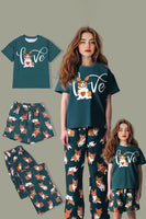 Laden Sie das Bild in den Galerie-Viewer, Dunkelgrüner Kurzarm Familienpyjama mit Hundedruck