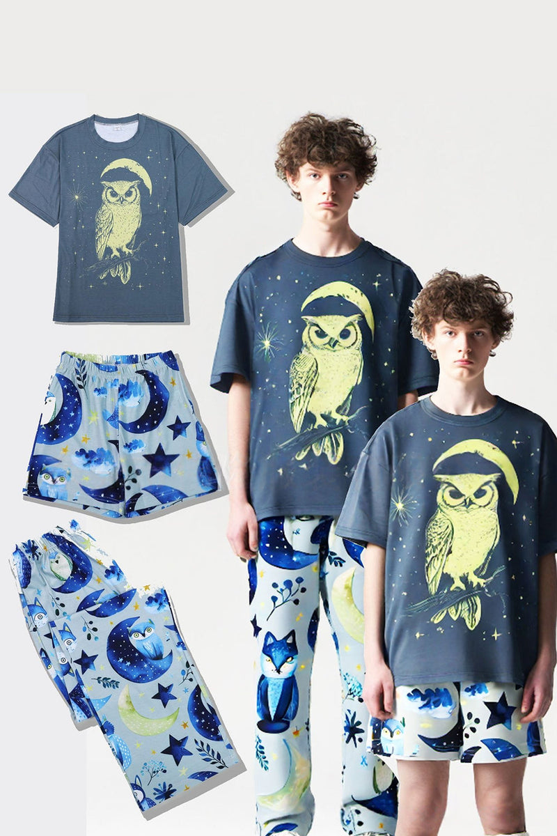 Laden Sie das Bild in den Galerie-Viewer, Grau Blau Bedruckter Leuchtender Passender Familienpyjama