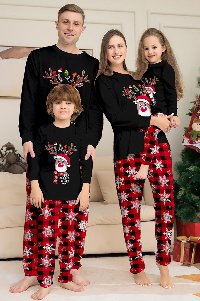 Laden Sie das Bild in den Galerie-Viewer, Schwarz Rot Rentier Schneeflocke Druck Weihnachten Familie Passendes Pyjama-Set