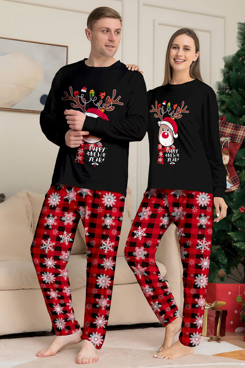 Laden Sie das Bild in den Galerie-Viewer, Schwarz Rot Rentier Schneeflocke Druck Weihnachten Familie Passendes Pyjama-Set