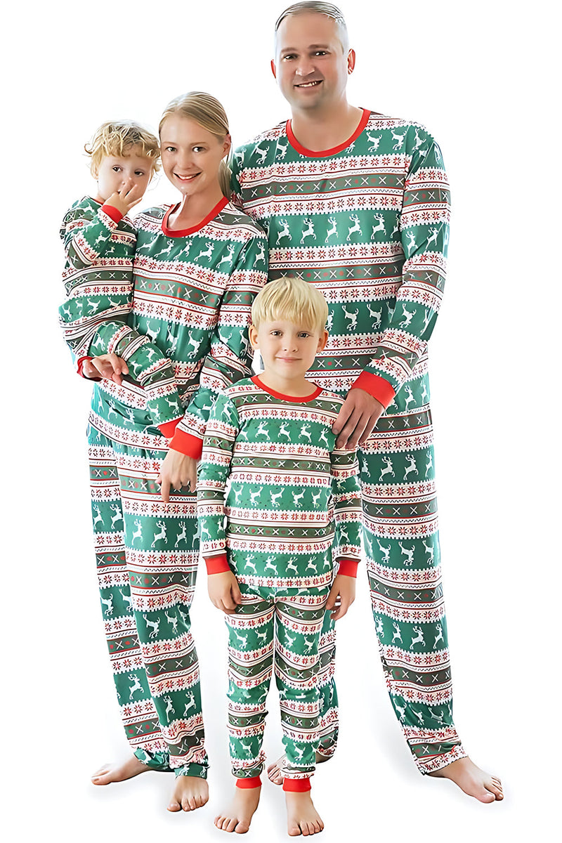 Laden Sie das Bild in den Galerie-Viewer, Grüner Streifen Elchdruck Passender Pyjama für die Weihnachtsfamilie mit langen Ärmeln