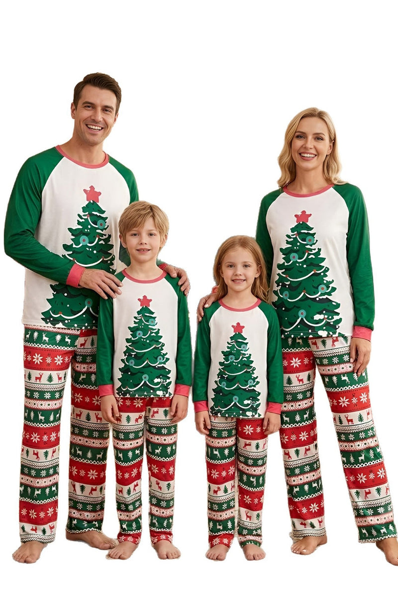 Laden Sie das Bild in den Galerie-Viewer, Familienpyjama-Sets 2-teilige Grüne Rundhals Weihnachtsbaumbedruckung