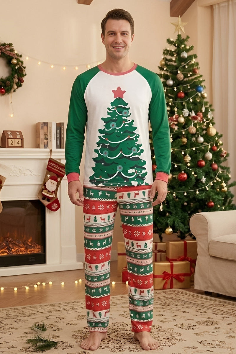 Laden Sie das Bild in den Galerie-Viewer, Familienpyjama-Sets 2-teilige Grüne Rundhals Weihnachtsbaumbedruckung