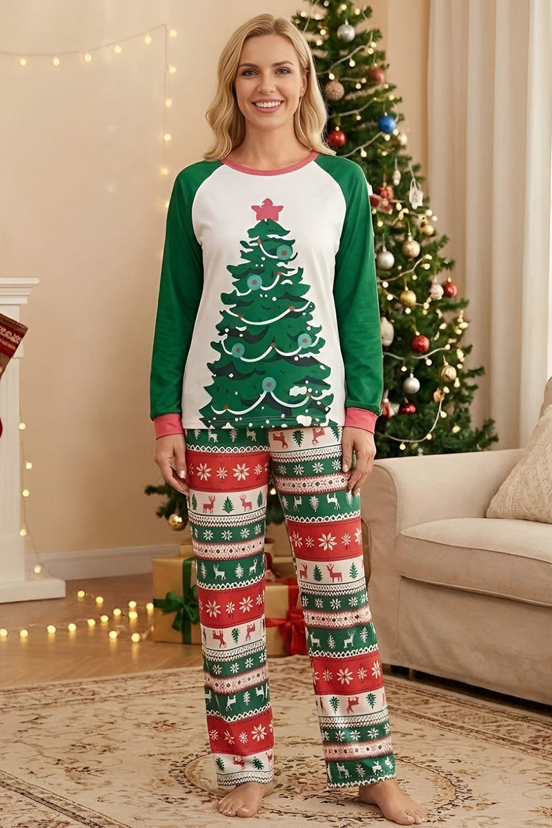 Laden Sie das Bild in den Galerie-Viewer, Familienpyjama-Sets 2-teilige Grüne Rundhals Weihnachtsbaumbedruckung