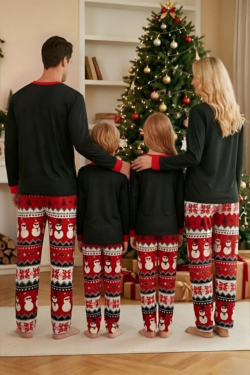 Laden Sie das Bild in den Galerie-Viewer, Schwarzer Roter Snowman Fair Isle Muster Rundhals Familienpyjama-Sets