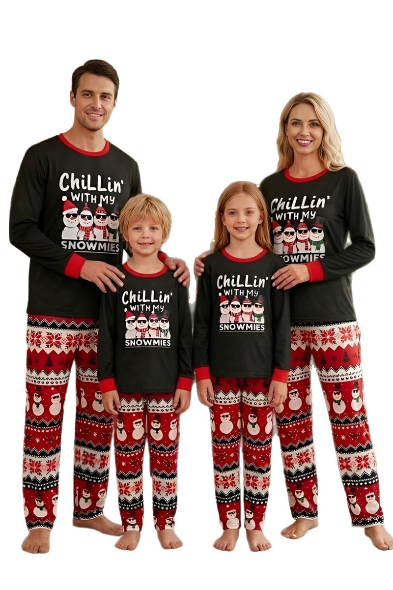 Laden Sie das Bild in den Galerie-Viewer, Schwarzer Roter Snowman Fair Isle Muster Rundhals Familienpyjama-Sets