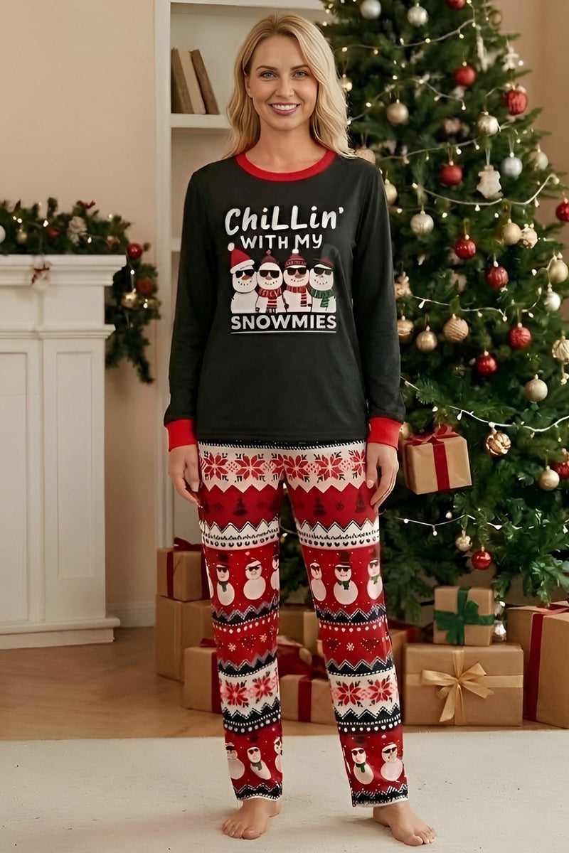 Laden Sie das Bild in den Galerie-Viewer, Schwarzer Roter Snowman Fair Isle Muster Rundhals Familienpyjama-Sets