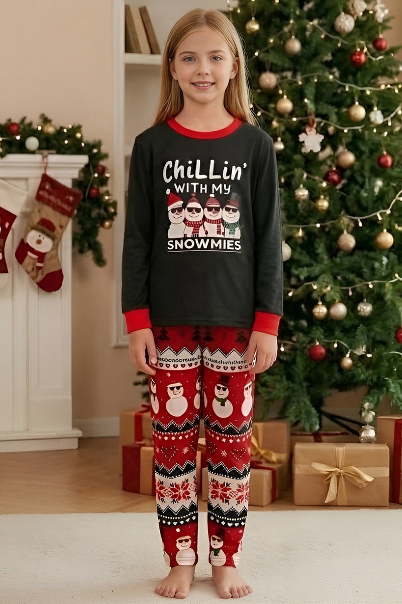 Laden Sie das Bild in den Galerie-Viewer, Schwarzer Roter Snowman Fair Isle Muster Rundhals Familienpyjama-Sets
