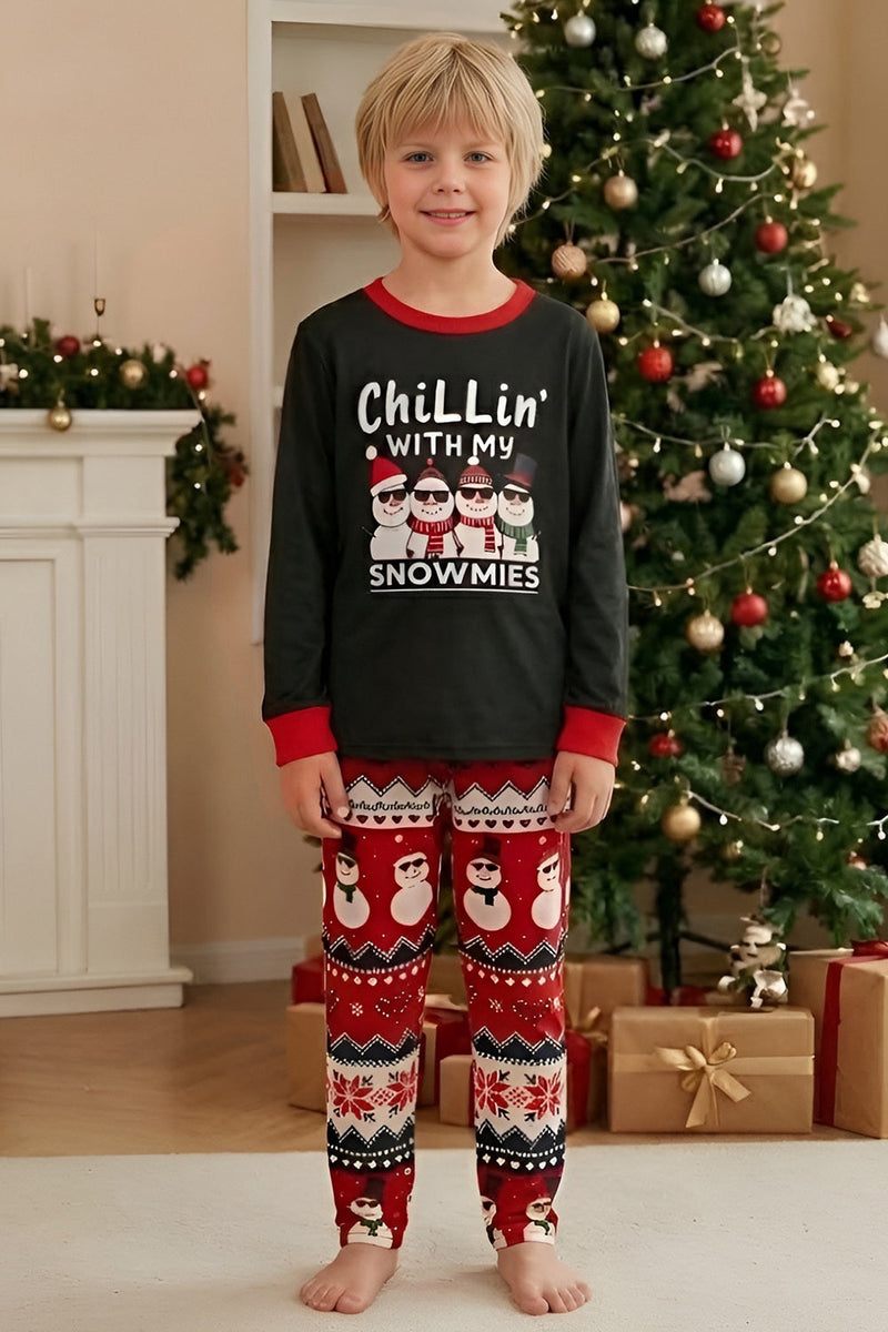 Laden Sie das Bild in den Galerie-Viewer, Schwarzer Roter Snowman Fair Isle Muster Rundhals Familienpyjama-Sets