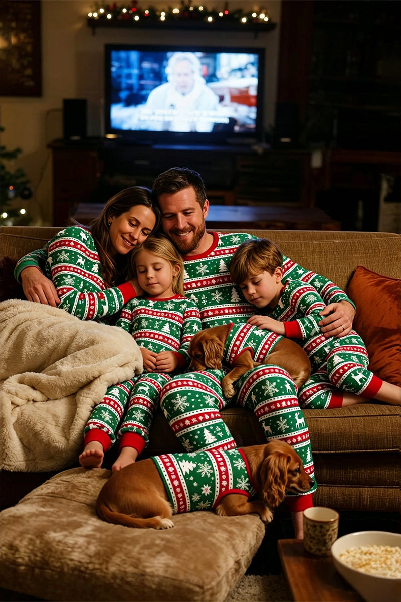 Laden Sie das Bild in den Galerie-Viewer, Green Red Fair Isle Muster Rundhals Familien-Pyjama-Sets mit langen Ärmeln