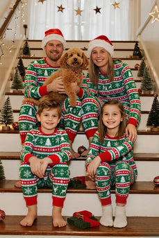 Green Red Fair Isle Muster Rundhals Familien-Pyjama-Sets mit langen Ärmeln