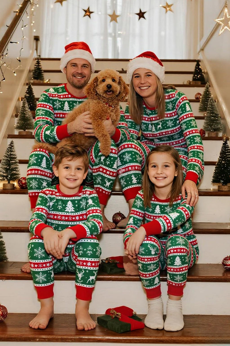 Laden Sie das Bild in den Galerie-Viewer, Green Red Fair Isle Muster Rundhals Familien-Pyjama-Sets mit langen Ärmeln