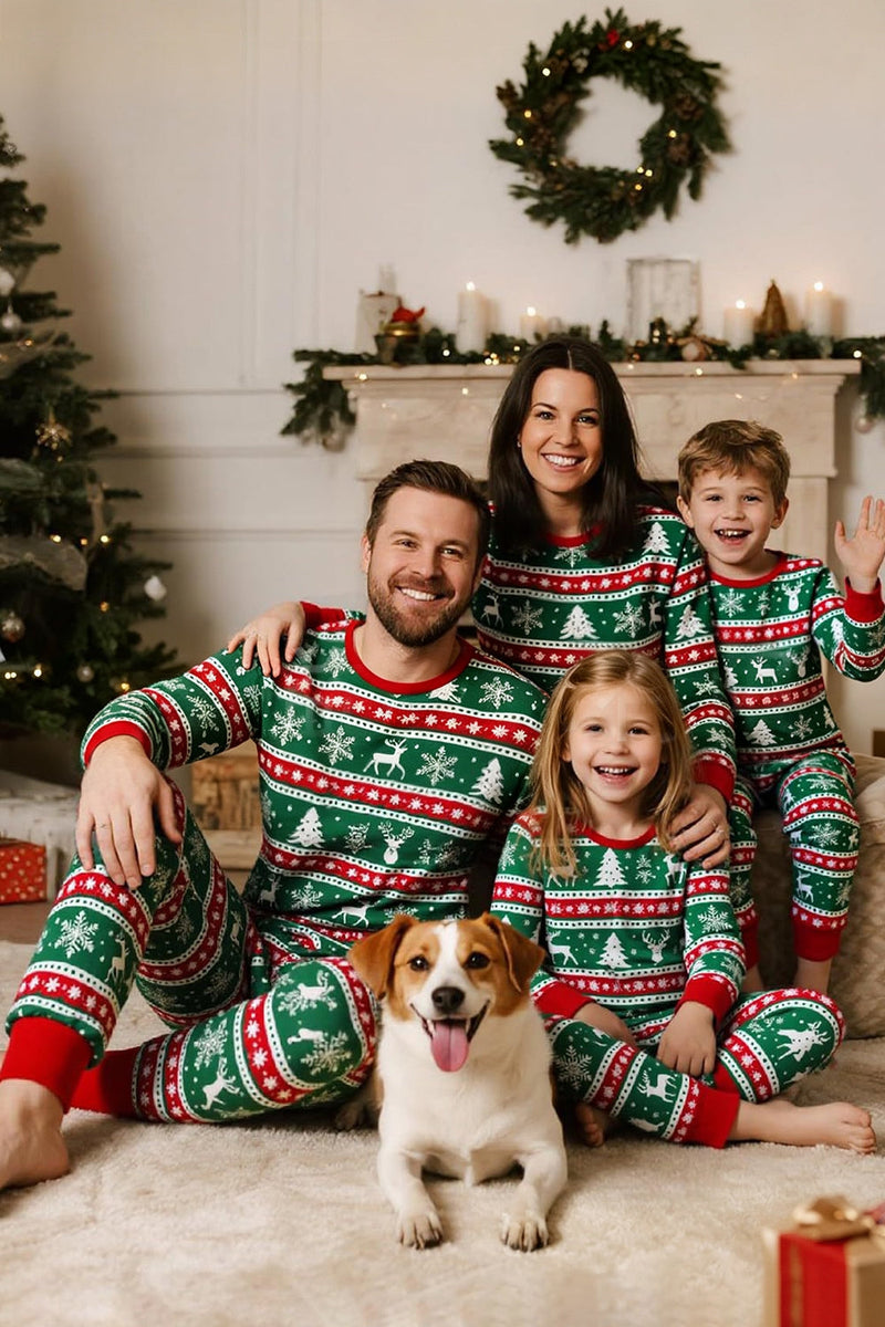 Laden Sie das Bild in den Galerie-Viewer, Green Red Fair Isle Muster Rundhals Familien-Pyjama-Sets mit langen Ärmeln