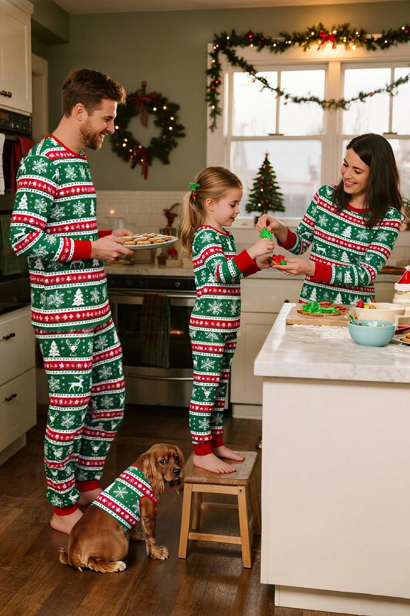 Laden Sie das Bild in den Galerie-Viewer, Green Red Fair Isle Muster Rundhals Familien-Pyjama-Sets mit langen Ärmeln