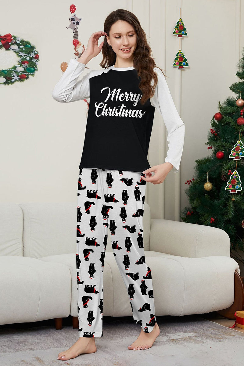 Laden Sie das Bild in den Galerie-Viewer, Schwarzes Langärmliges Weihnachtsbedrucktes Familien Schlafanzugset mit passendem Kleidungsmuster