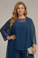 Laden Sie das Bild in den Galerie-Viewer, Marineblaues 3-teilige Langärmel Plus-Size Brautmutter Hosenanzüge