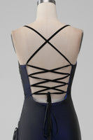 Laden Sie das Bild in den Galerie-Viewer, Blaue Meerjungfrau Spaghettiträger Langes Brautjungfernkleid mit Schlitz