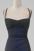 Laden Sie das Bild in den Galerie-Viewer, Schwarz Blau Spaghettiträger Meerjungfrau Plissee Langes Ballkleid mit Schlitz