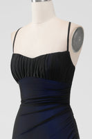 Laden Sie das Bild in den Galerie-Viewer, Schwarz Blau Spaghettiträger Meerjungfrau Plissee Langes Ballkleid mit Schlitz