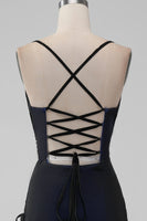 Laden Sie das Bild in den Galerie-Viewer, Schwarz Blau Spaghettiträger Meerjungfrau Plissee Langes Ballkleid mit Schlitz