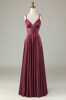 Laden Sie das Bild in den Galerie-Viewer, ZAPAKA Damen Cabernet Langes Brautjungfernkleid A-Linie Spaghettiträger Hochzeitsgast Kleid