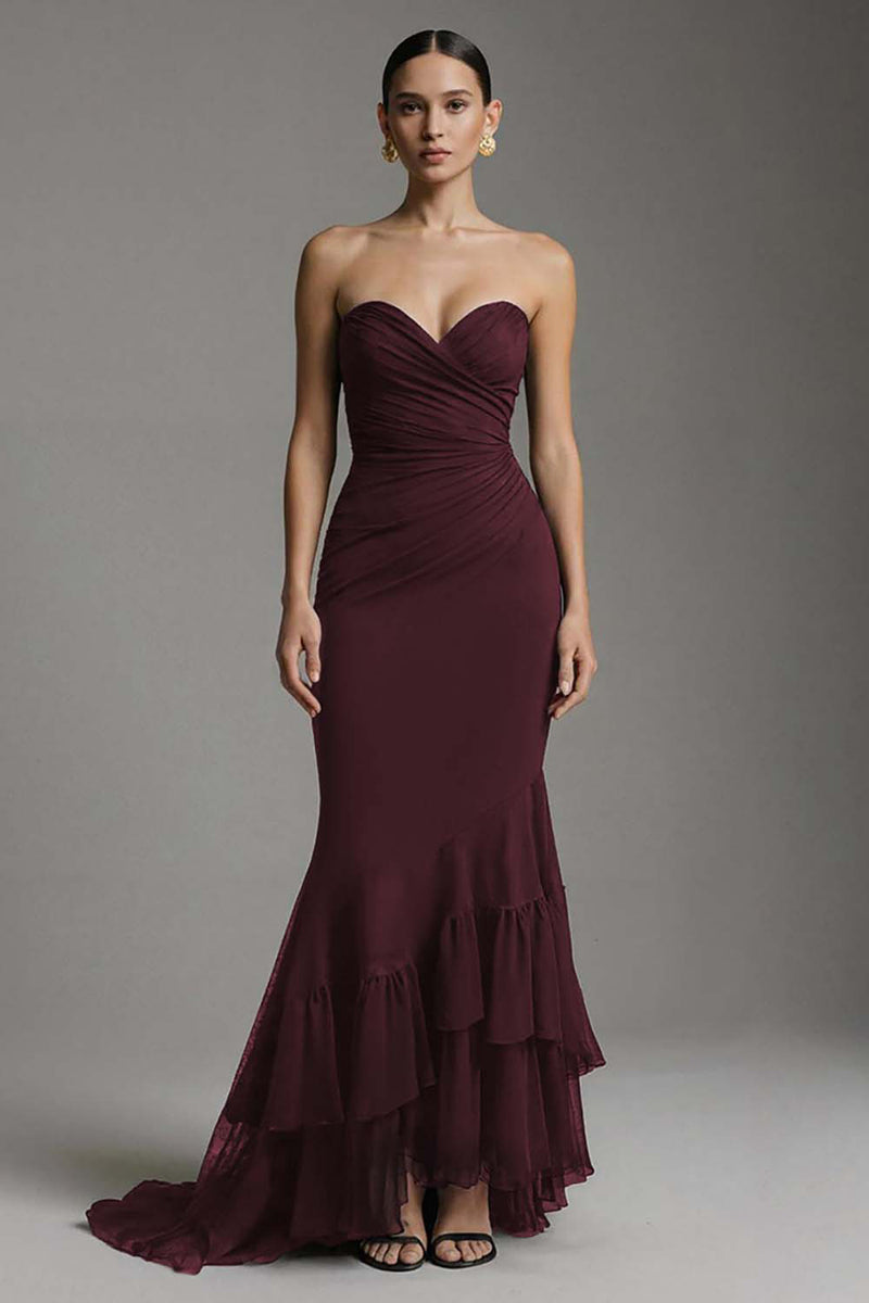 Laden Sie das Bild in den Galerie-Viewer, Schwarzes Herzausschnitt Mermaid Sweep Train Langes Ballkleid mit Rüschen