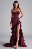 Laden Sie das Bild in den Galerie-Viewer, Schwarzes Meerjungfrau Trägerloses Ballkleid mit Rüschen und Schlitz