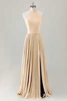 Laden Sie das Bild in den Galerie-Viewer, Grau Blau A-Linie Neckholder Langes Brautjungfernkleid mit Schlitz