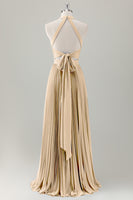 Laden Sie das Bild in den Galerie-Viewer, Grau Blau A-Linie Neckholder Langes Brautjungfernkleid mit Schlitz