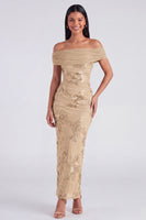 Laden Sie das Bild in den Galerie-Viewer, Off-the-shoulder gelbes, bodycon-appliquiertes Maxi-Blumenkleid mit Schlitz
