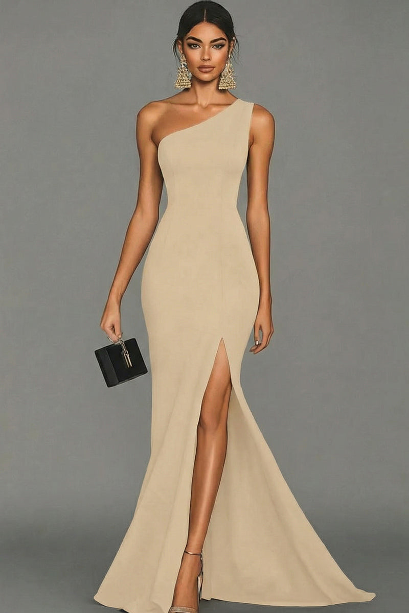 Laden Sie das Bild in den Galerie-Viewer, Meerjungfrau Schwarzes formelles One-Shoulder-Kleid mit Schlitz