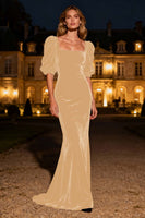 Laden Sie das Bild in den Galerie-Viewer, Marineblaues Meerjungfrau Quadratischer Ausschnitt Puffärmel Samt Langes Ballkleid