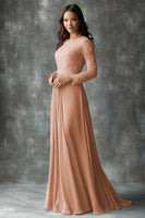 Laden Sie das Bild in den Galerie-Viewer, A-Linie Rundhals langen Ärmeln Kleid für die Brautmutter Staubblaues Etui