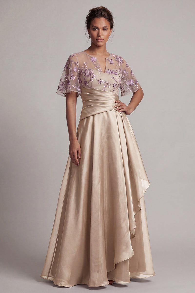 Laden Sie das Bild in den Galerie-Viewer, Florales dunkelviolettes Kurzärmel-A-Linie Mutter-der-Braut-Kleid